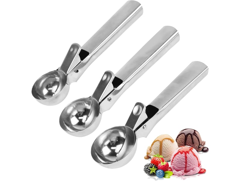 Lot de 3 cuillères à glace inox, portionneuses à glace avec déclencheur, boules de glace, boules de melon, boulettes de viande, pâte à gâteau - Conforama A