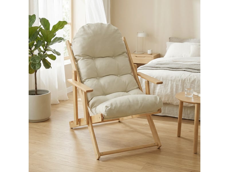  Fauteuil de salon pliable et inclinable en bois avec coussin capitonné épais pour un confort optimal  - Conforama D