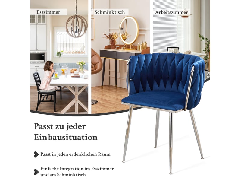  Lot de 2 chaises de salle à manger 55 x 48 x 75 cm – bleu marine – velours et pieds métalliques argentés  - Conforama E