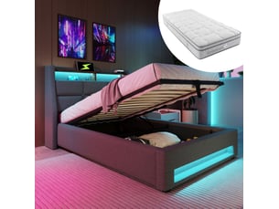 Lit adulte 90 × 200 cm avec led, usb et rangement, matelas inclus, en lin gris, style vintage