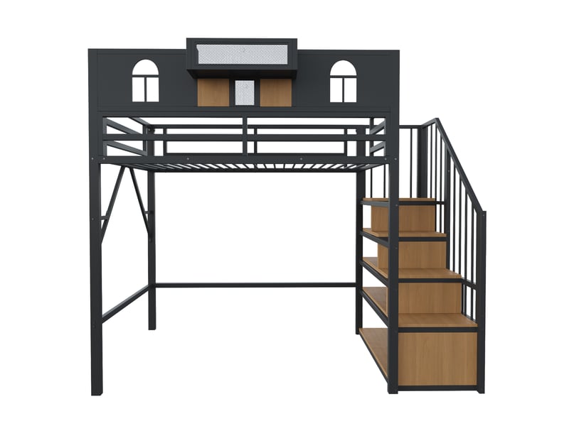  Lit mezzanine 90 x 200 cm, avec échelle et bande lumineuse, compartiments de rangement, structure métallique, noir  - Conforama A