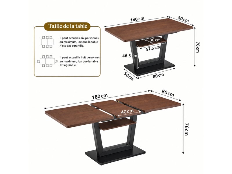  Table à manger extensible avec étagère, effet noyer et noir, 180 x 80 cm  - Conforama C
