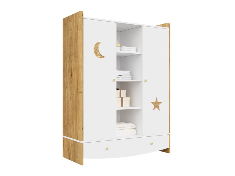 Armoire enfant 120 x 50 cm avec 2 portes, tiroir, 2 penderies et grand rangement, décor rotin, design bicolore moderne pour chambre d’enfant - blanc et effet bois OPULERANE TRADING LTD - Conforama A