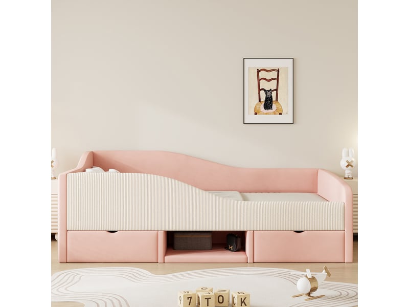  Canapé-lit rembourré 90x190 cm avec deux tiroirs et barrière de sécurité, cadre de lit adulte, rose + crème, lit simple en velours  - Conforama A