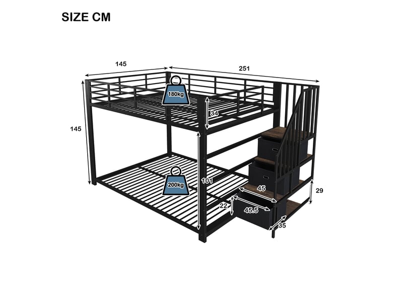  Lit superposé 2x140x200 cm - 4 places - escalier avec rangements - électrique prise - led intégrée &amp; usb - noir  - Conforama C