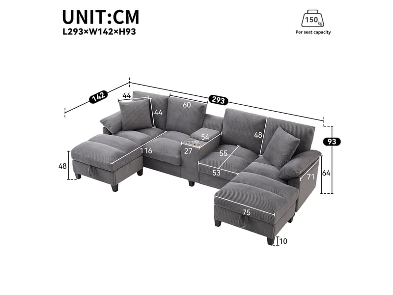 Canapé panoramique u 293x142x93 cm 4 places en velours côtelé avec rangement, porte-gobelets inox, 2 ports usb et coussins - gris - Conforama D