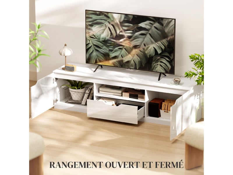  Meuble tv 160 cm, blanc, meuble télé pour téléviseur jusqu'à 65 pouces avec 2 portes et tiroir  - Conforama D