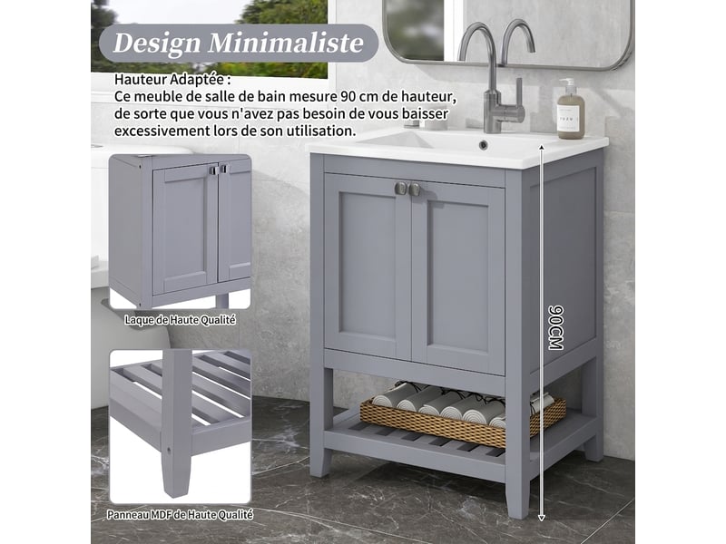  Meuble salle de bain avec vasque céramique 60 cm - sur pied gris clair avec rangement  - Conforama W