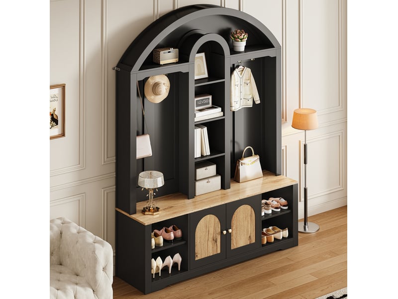  Vestiaire 150x40x195 cm, mdf, crochets, éclairage led, style moderne, espace de rangement à chaussures, grande capacité de espace de rangement, noir  - Conforama E
