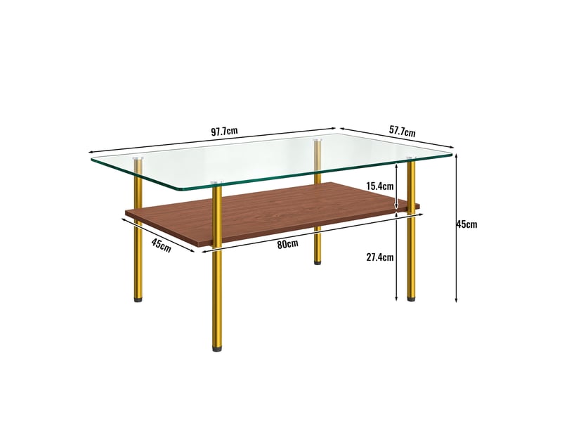 Table basse rectangulaire en verre trempé et mdf, piètement en métal doré, marron et doré, 98 x 58 x 45 cm - Conforama E