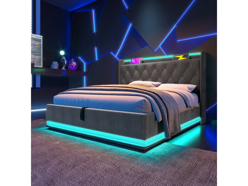  Lit coffre double rembourré 160 x 200 cm, led contrôlable par applicationtélécommande, rangement hydraulique, tête de lit avec usb-c, lin, gris Bliss Lite - Conforama D