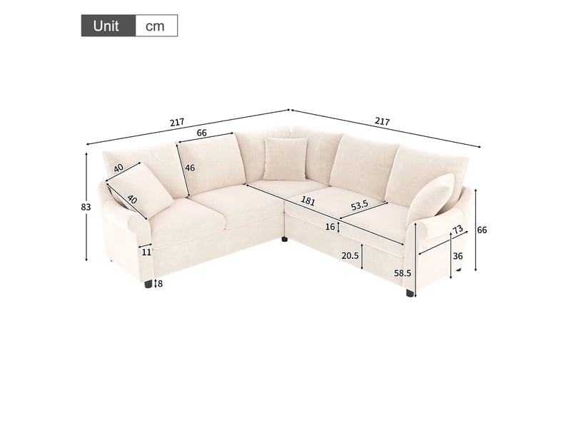  Canapé d'angle en l 5 places 217 x 217 x 83 cm, assise spacieuse et configuration conviviale pour salon, moderne, tissu chenille, beige ABC - Conforama C