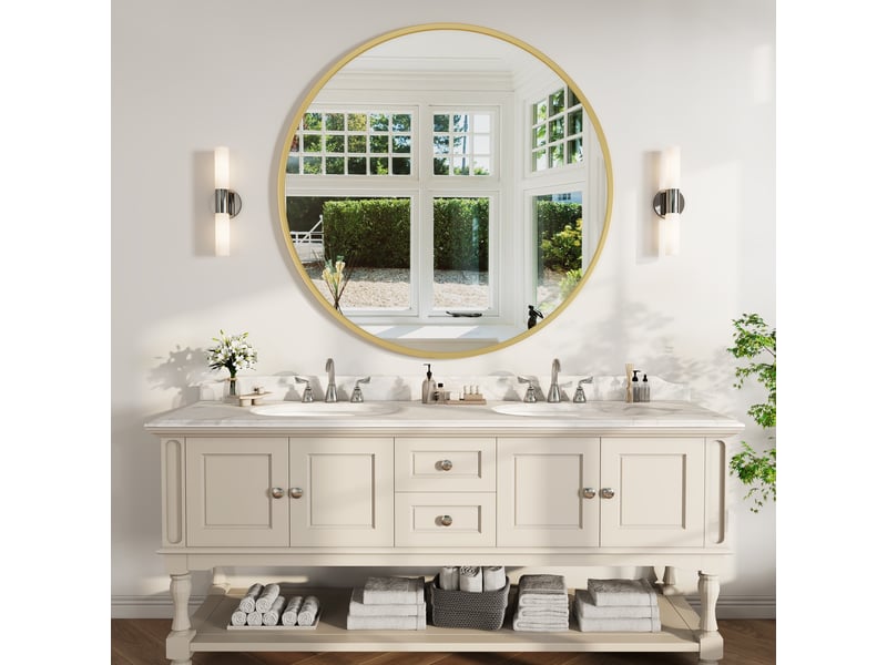  Miroir rond mural 75cm - miroir salle de bain en verre trempé incassable avec cadre aluminium - doré  - Conforama C