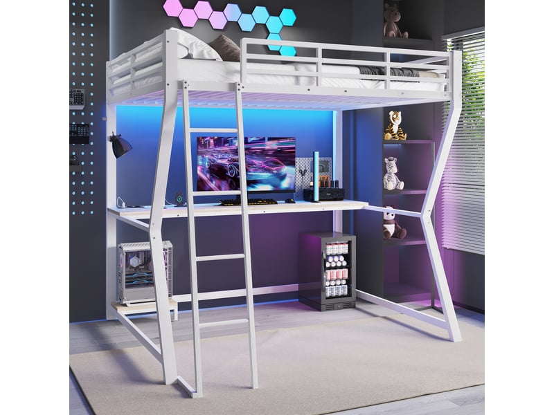  Lit mezzanine 140x200cm coloris blanc led métal lit enfant blanc - Conforama E
