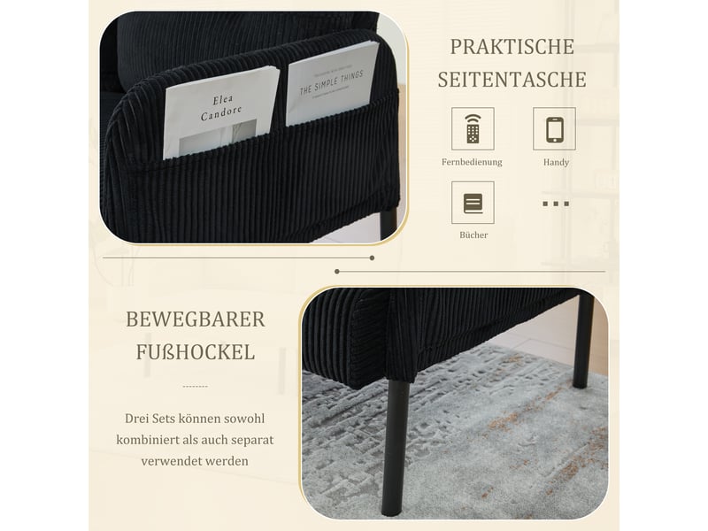  Canapé 3 places en velours côtelé noir avec dossier ergonomique et poches latérales pratiques  - Conforama R
