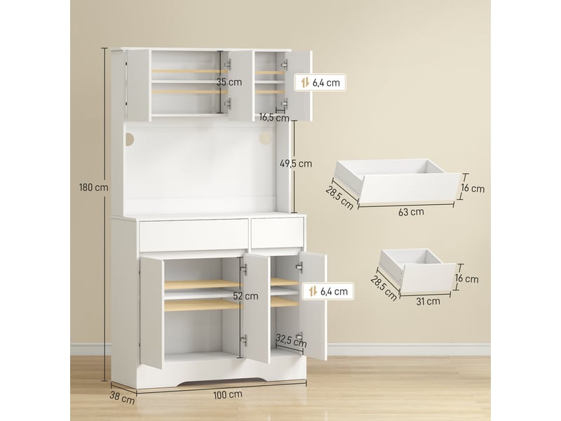  Buffet de cuisine, meuble de rangement haut avec éclairage led rgb, plan de travail, 6 portes, 2 tiroirs, blanc  - Conforama E