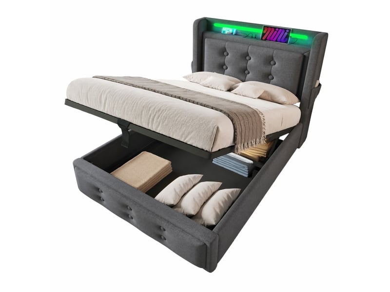  Lit coffre 1 place 90x200 cm avec led et usb-c en tissu coton-lin gris  - Conforama A