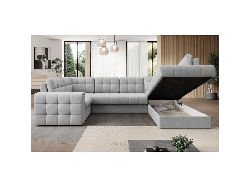  Canapé d'angle convertible monteza gris 299 cm avec coffre et couchage  - Conforama D
