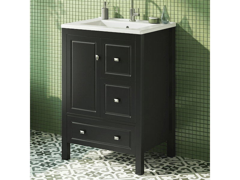 Meuble salle de bain sur pied noir 62 cm avec vasque en céramique et 3 tiroirs - Conforama D