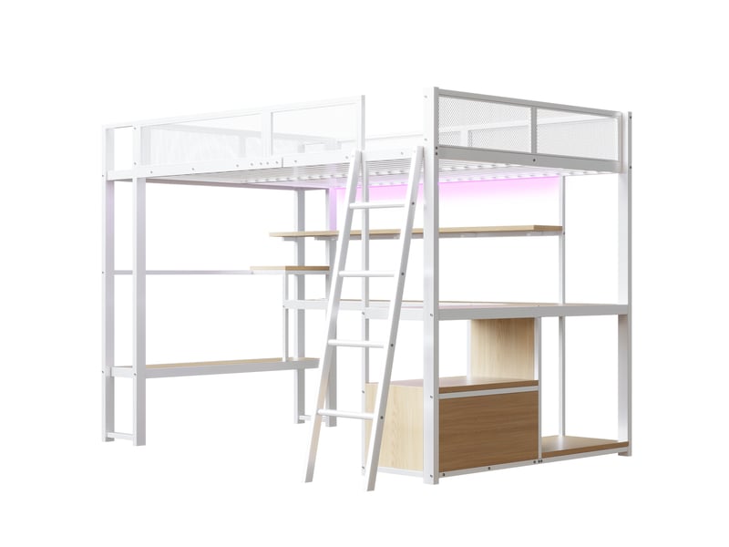 Lit mezzanine 140 x 200 cm, lit enfant surélevé, bureau intégré, étagères ouvertes, éclairage led, échelle, barrières de sécurité, métal, blanc Morn Vibe - Conforama E