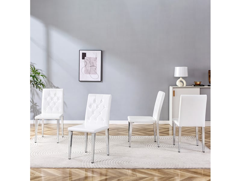  Lot de 4 chaises de salle à manger 89 cm, chaise cuisine, confort, dossier à piqûres losanges, pu blanc, métallique argenté  - Conforama B