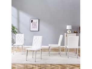 Lot de 4 chaises de salle à manger 89 cm, chaise cuisine, confort, dossier à piqûres losanges, pu blanc, métallique argenté