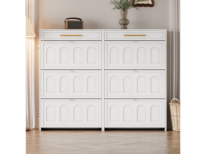  Ensemble meuble à chaussures moderne blanc avec 12 compartiments, 2 tiroirs, mdf, rangement polyvalent  - Conforama B