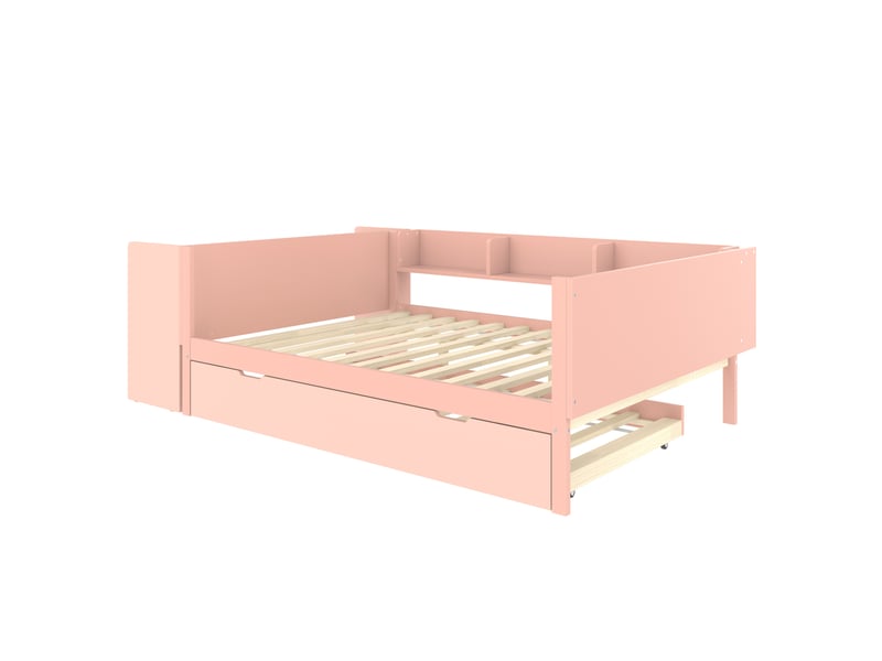  Elvmi lit double 140x200 cm avec bureau intégré, lit gigogne escamotable, 3 étagères et table de chevet, tête de lit haute, structure en bois de pin et mdf, coloris rose et blanc, pour chambre, studio ou chambre d’enfant  - Conforama A