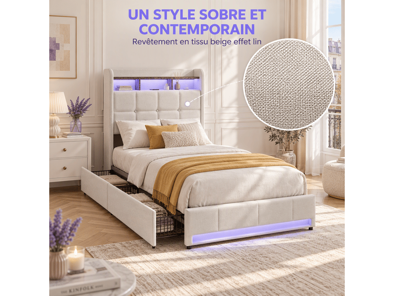  Lit 1 personne 90x200 cm avec éclairage led et 2 tiroirs, lit rembourré avec port usb et type-c, cadre de lit avec rangement et sommier à lattes, lin, beige  - Conforama W
