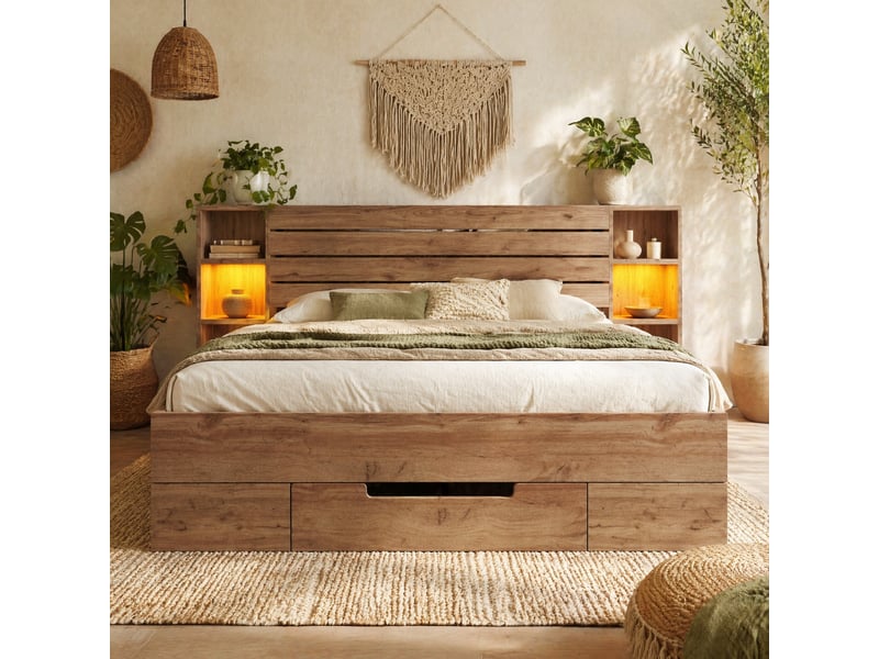  Lit double en bois massif 160 x 200 cm, led, usb-c, tiroirs, sommier lattes chêne, sans matelas  - Conforama B