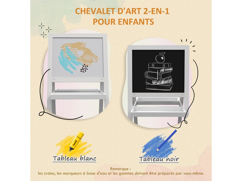  Tableau chevalet enfant 2 en 1 face ardoise magnétique et tableau face noir à craie blanc  - Conforama A