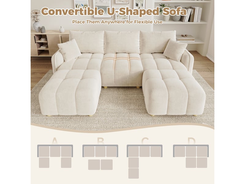 Canapé d’angle modulable 5 places 219x136x84 cm, lu convertible, 2 poufs, coussins inclus, tissu chenille, accoudoirs larges, beige Sol Morn - Conforama E