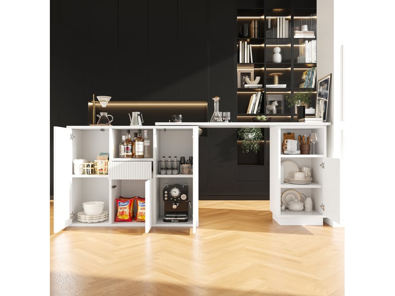  Bar rotatif 360° îlot l210 x p30 x h100,9 cm convertible lligne, grand rangement, plateau effet marbre, mdf blanc  - Conforama R
