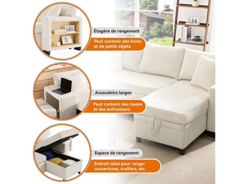 Canapé d'angle convertible 3 places en velours côtelé, usbtype-c, rangements, 231×131,5×84 cm - Conforama E