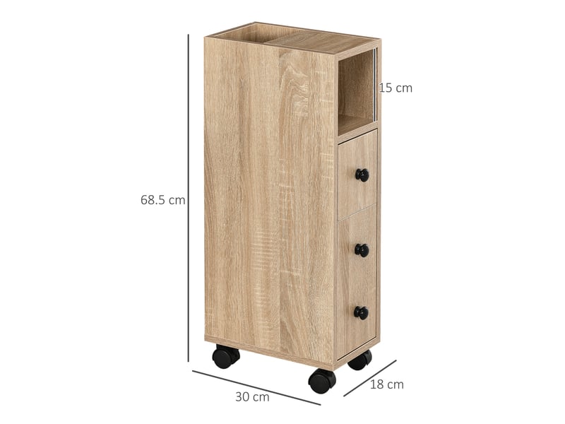  Meuble de salle de bain à quatre roulettes, compartiment ouvert, tiroir et placard, en bois, 18 x 30 x 68,5 cm, couleur chêne  - Conforama E