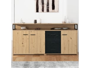 Buffet de cuisine 150x35x75,9 cm avec 3 portes et 3 tiroirs, meuble de rangement industriel noir et bois