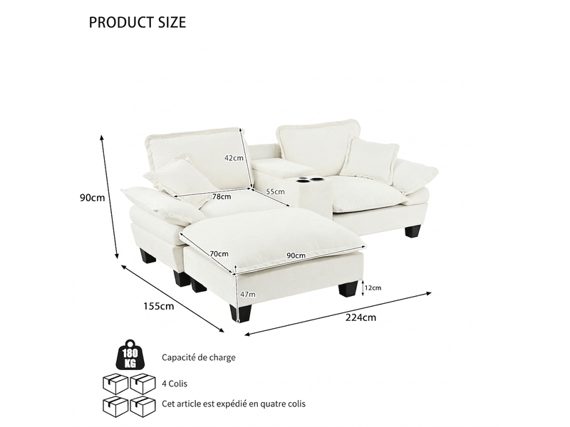 Canapé d'angle modulable avec ports usb et rangement 224 x 151 cm - chenille beige - Conforama C