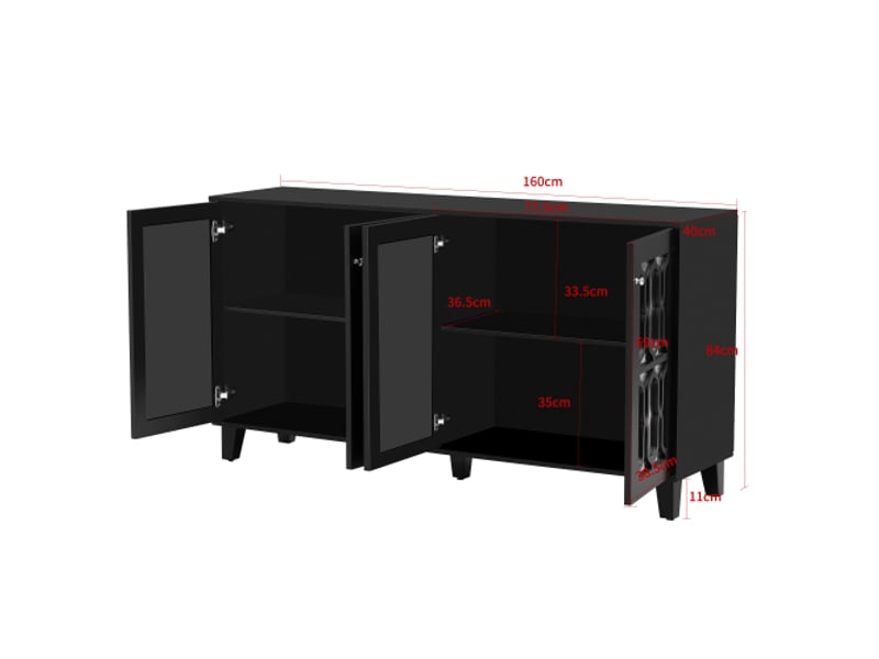  Buffet miroir 160x40x84cm, avec poignées en cristal froid, 4 portes, avec étagères réglable, mdf noir  - Conforama D
