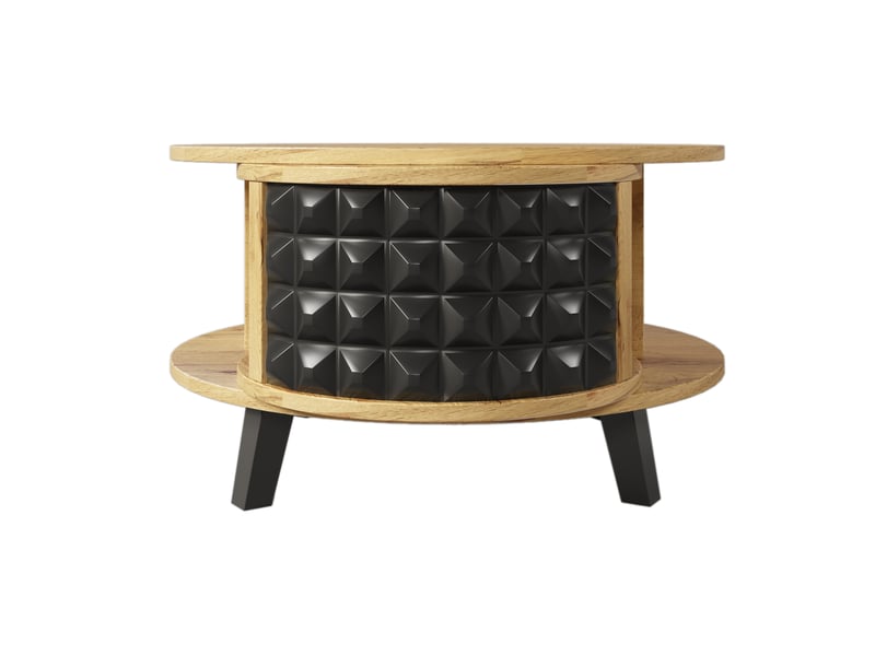  Table basse ronde 80 cm tournante avec rangement caché, table de salon, pour salon, aggloméré, couleur bois et noir  - Conforama E