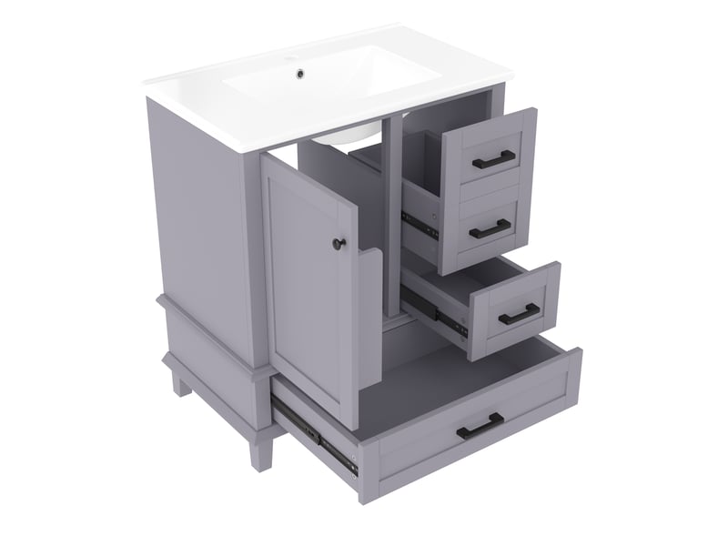 Meuble vasque salle de bain gris 76 cm avec lavabo céramique intégré et 3 tiroirs silencieux - Conforama E