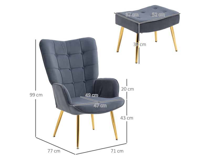  Fauteuil de salon, fauteuil avec repose pied, velours (100% polyester), 77x71x99cm, gris foncé  - Conforama E