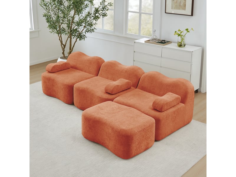  Canapé modulable 3 places en velours orange avec pouf - assise extra profonde - mousse haute densité 32d  - Conforama B