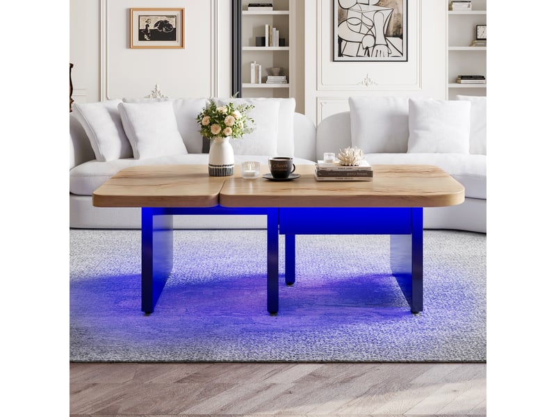 Tables basses gigognes avec 2 tiroirs et led, pieds réglables, pour salon en mdf, naturel et noir - uvrion - Conforama D