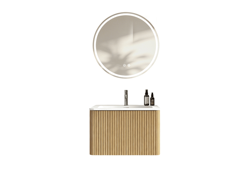 Ensemble meuble vasque suspendu 61x46,5 cm – chêne – vasque intégrée, miroir led rond 60 cm et tiroir - Conforama A