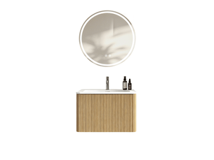 Ensemble meuble vasque suspendu 61x46,5 cm – chêne – vasque intégrée, miroir led rond 60 cm et tiroir