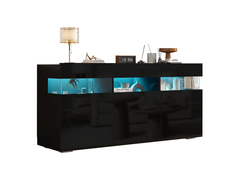  Buffet de salon noir 140 x 40,5 x 66,5 cm avec éclairage led contrôlé par application mobile, 3 portes, 7 rangements  - Conforama A