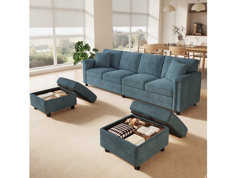 Canapé modulaire modenvie 4 places configurable en l ou u avec 2 poufs coffre, usb et type-c, chenille bleue, 261 x 134 x 82 cm - Conforama D