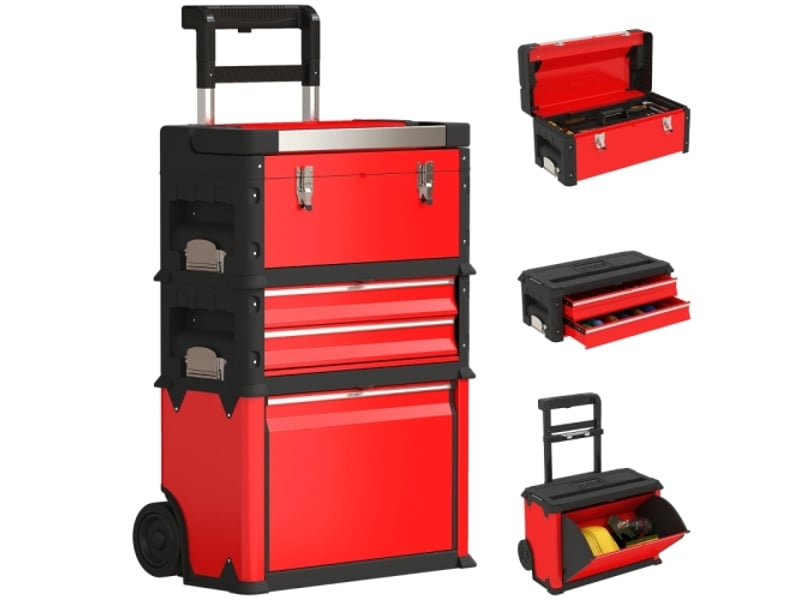  Chariot d'atelier rouge en acier avec coffre à outils, 3 modules modulables, rangement roulant avec poignée pour atelier et garage  - Conforama A