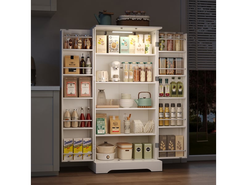  Meuble de cuisine armoire blanche avec éclairage led et étagères réglables, 60 × 35 × 128 cm  - Conforama C