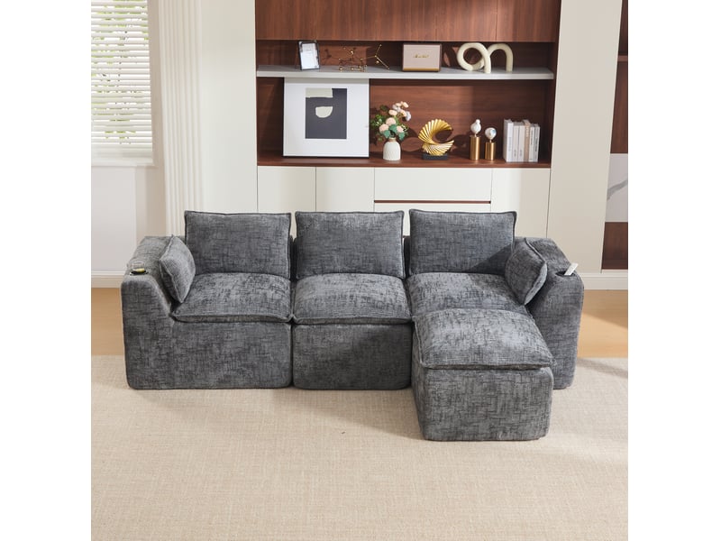  Canapé modulable modenvie 3 places avec pouf, coussins, porte-gobelets et poches latérales, mousse et ressorts intégrés, chenille gris foncé  - Conforama D